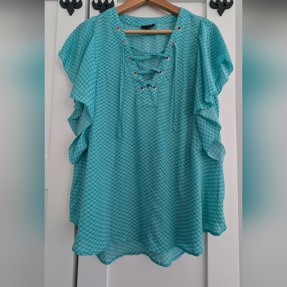 Lace up flutter sleeve blouse turquoise